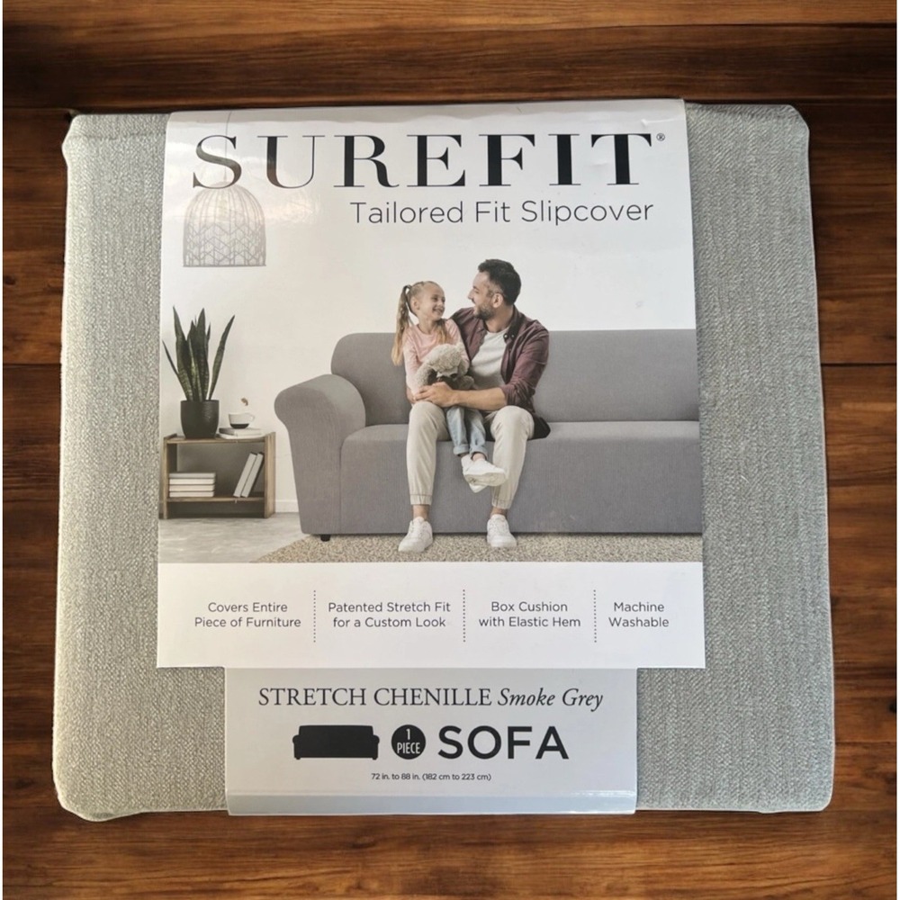 SureFit Stretch Chenille Sofa Couch Slipcover Smoke Grey Tailored Fit 72-88" NEW